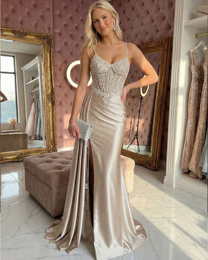 Lace Appliques Spaghetti Straps Pleats Prom Dresses with Slit Evening Gowns