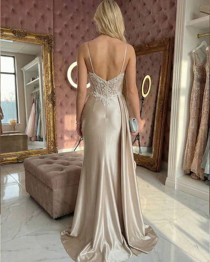 Lace Appliques Spaghetti Straps Pleats Prom Dresses with Slit Evening Gowns