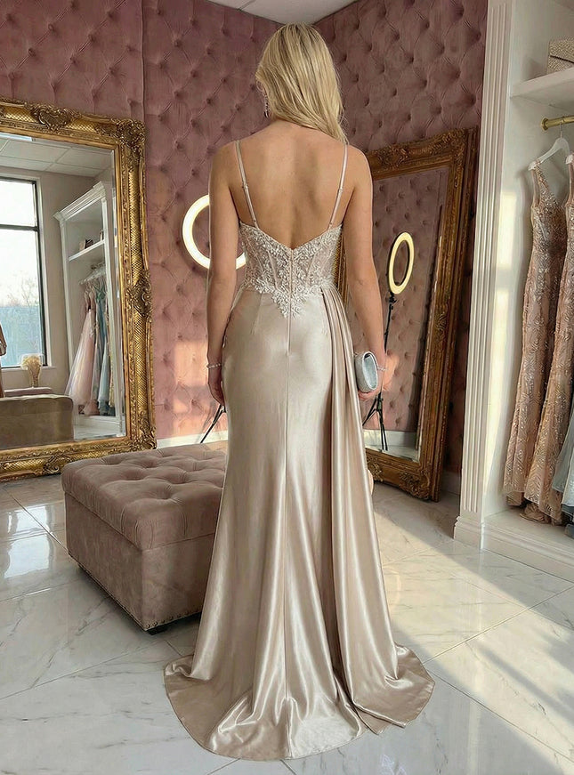 Lace Appliques Spaghetti Straps Pleats Prom Dresses with Slit Evening Gowns