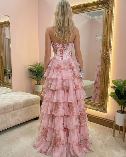 Floral Strapless A Line Layered Ruched Prom Dresses with Slit