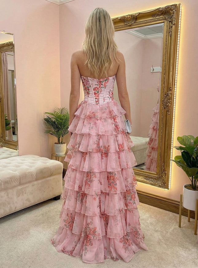 Floral Strapless A Line Layered Ruched Prom Dresses with Slit