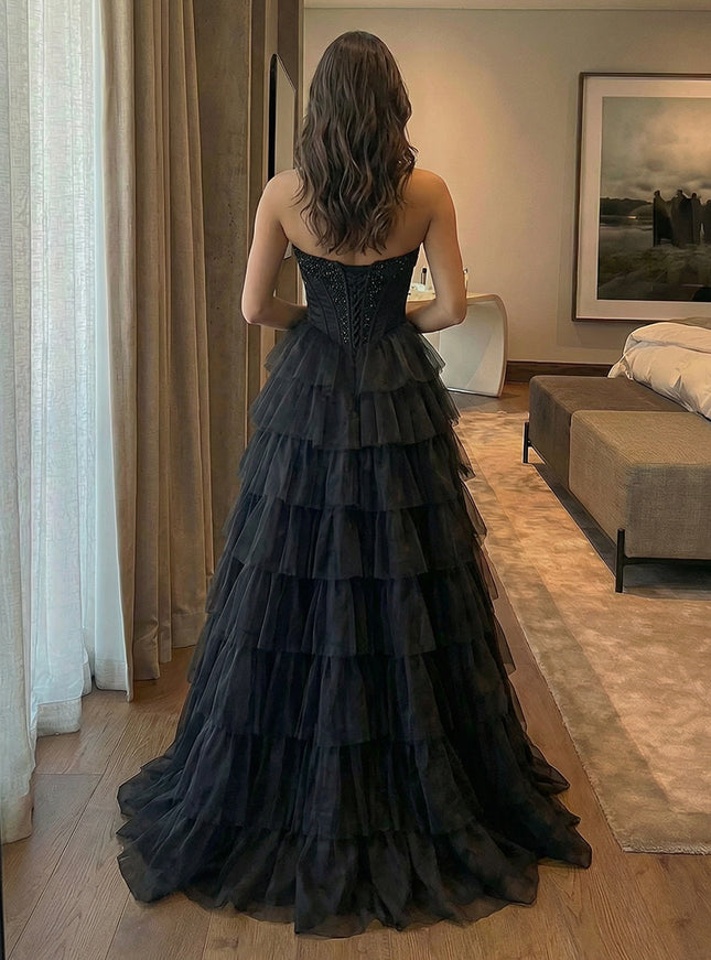 Layered Chiffon Strapless A Line Sequin Prom Dresses with Slit