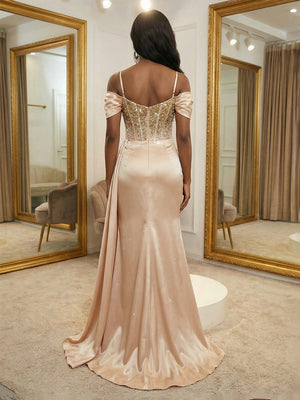 Sequin Mermaid Off the Shoulder Pleats Evening Dresses with Slit