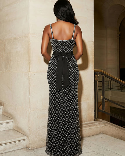 Glitter Beading Sheath Spaghetti Straps Split Prom Dresses with Bow