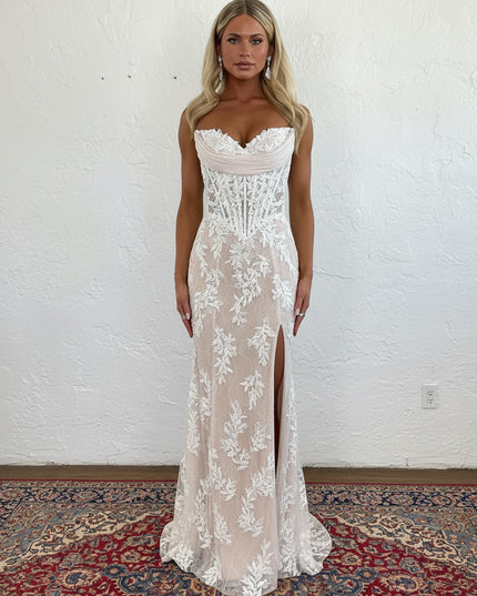 Lace Applique Strapless Sheath Cowl Neck Prom Dresses with Slit