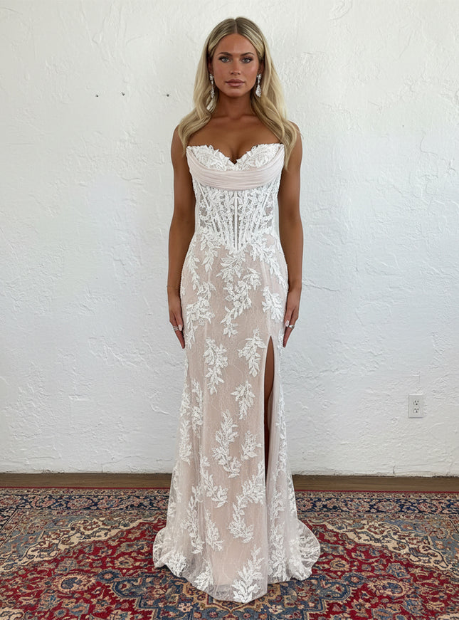 Lace Applique Strapless Sheath Cowl Neck Prom Dresses with Slit