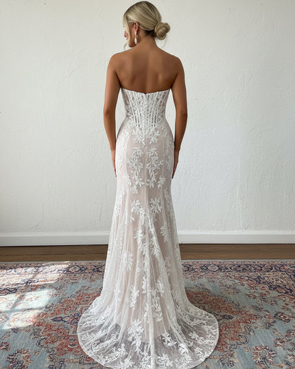 Lace Applique Strapless Sheath Cowl Neck Prom Dresses with Slit