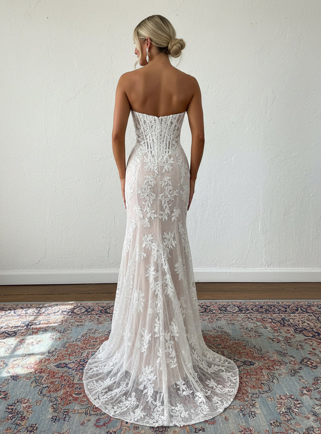 Lace Applique Strapless Sheath Cowl Neck Prom Dresses with Slit