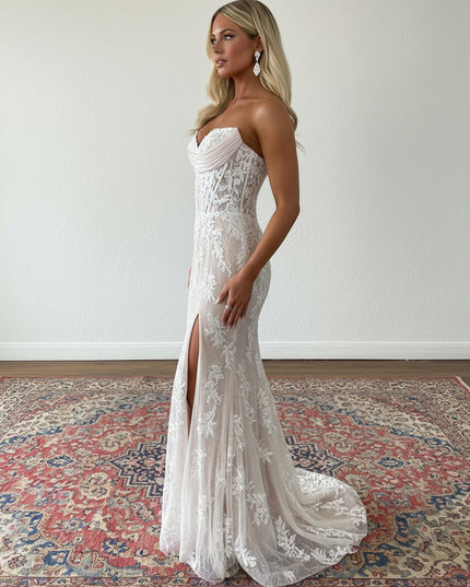 Lace Applique Strapless Sheath Cowl Neck Prom Dresses with Slit