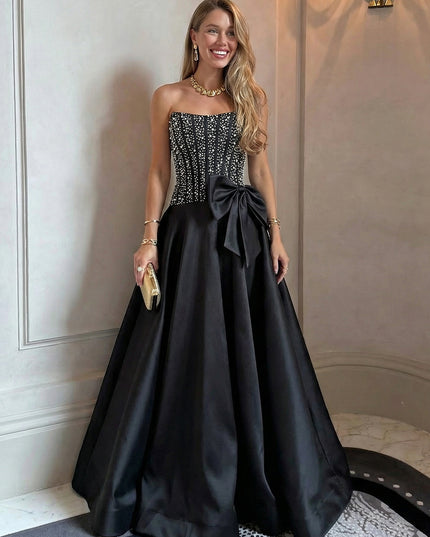 Satin Strapless Beadings A Line Prom Dresses with Bow