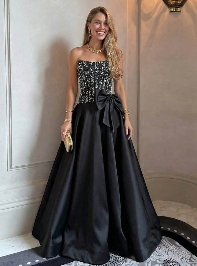 Satin Strapless Beadings A Line Prom Dresses with Bow