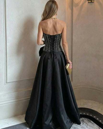 Satin Strapless Beadings A Line Prom Dresses with Bow