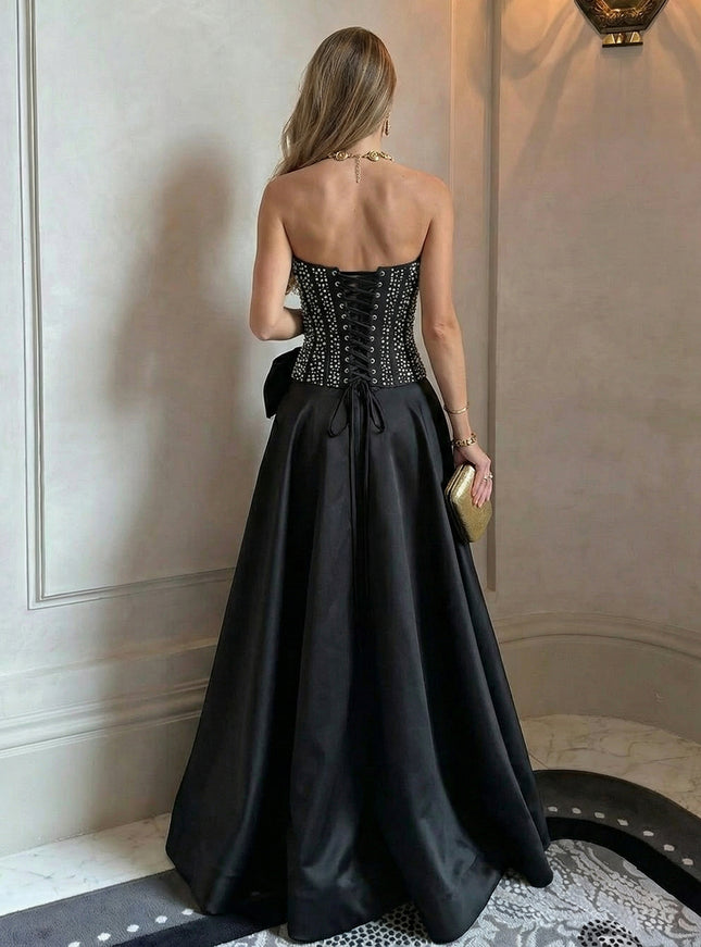 Satin Strapless Beadings A Line Prom Dresses with Bow