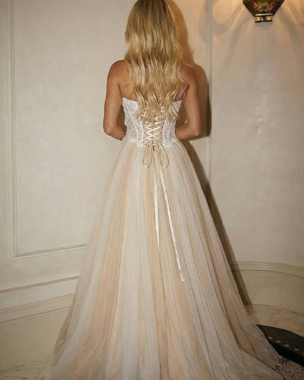 Lace Appliques Strapless A Line Cowl Neck Prom Dresses