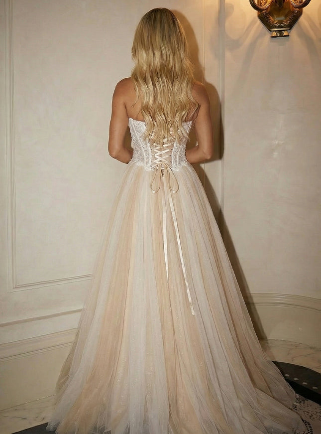 Lace Appliques Strapless A Line Cowl Neck Prom Dresses