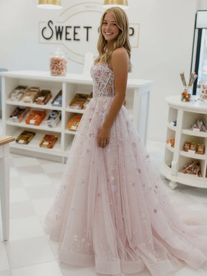 Glitter Laces Spaghetti Straps A Line Floral Prom Dresses