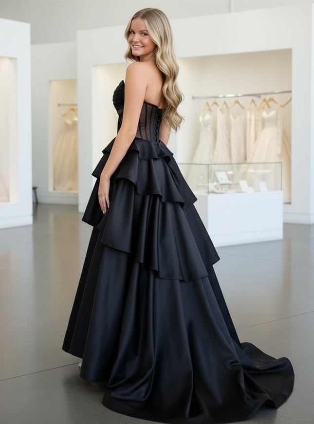 Satin High Low Ruffles A Line Sweetheart Prom Dresses