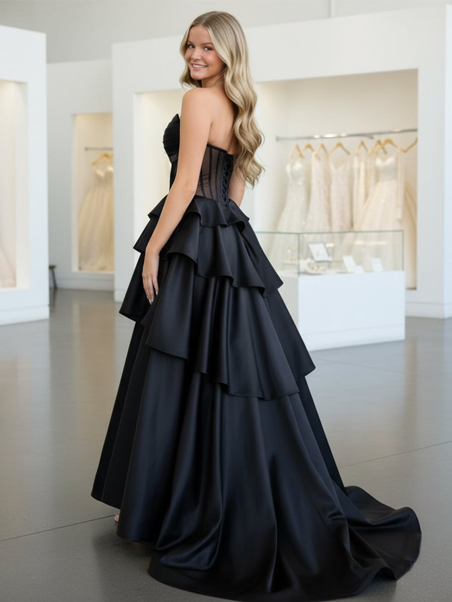 Satin High Low Ruffles A Line Sweetheart Prom Dresses