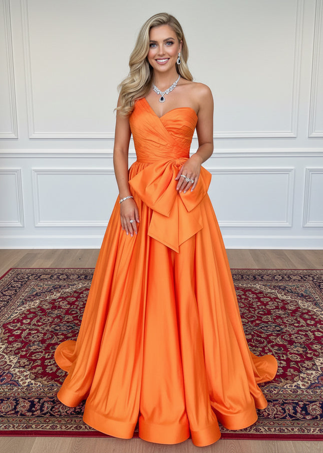 Satin Bow A Line One Shoulder Prom Dresses