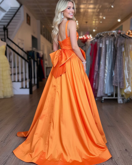 Satin Bow A Line One Shoulder Prom Dresses