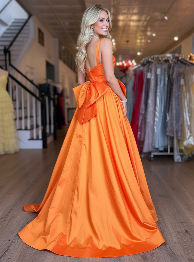 Satin Bow A Line One Shoulder Prom Dresses