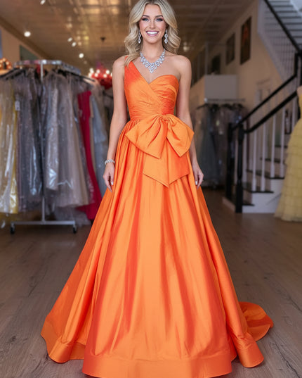 Satin Bow A Line One Shoulder Prom Dresses