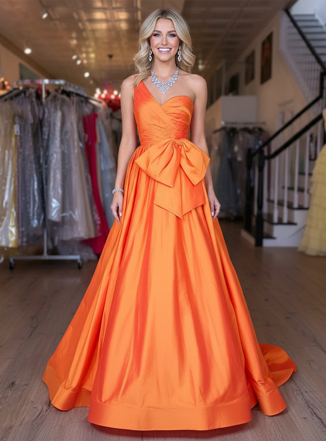 Satin Bow A Line One Shoulder Prom Dresses