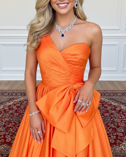 Satin Bow A Line One Shoulder Prom Dresses