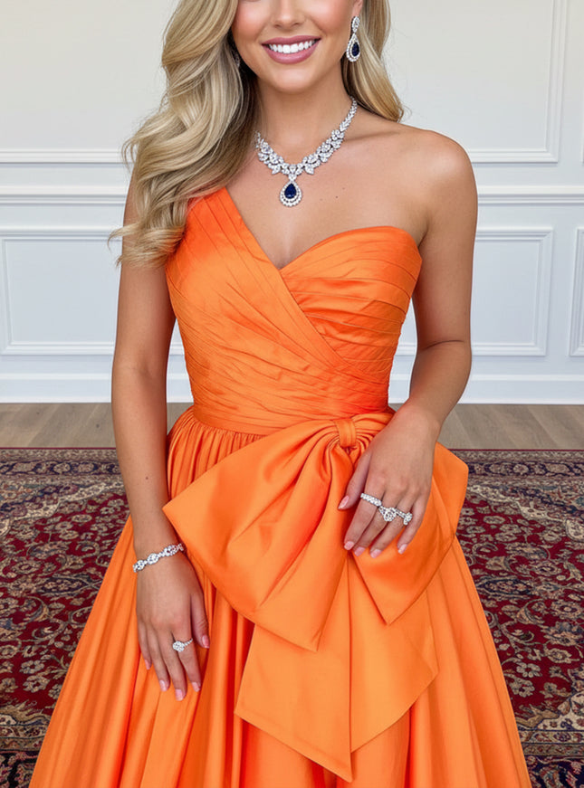 Satin Bow A Line One Shoulder Prom Dresses