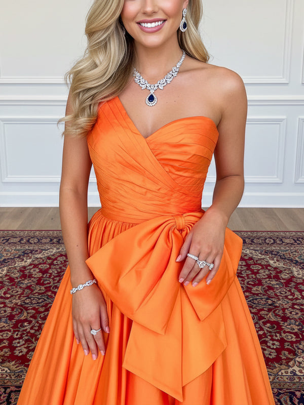 Satin Bow A Line One Shoulder Prom Dresses