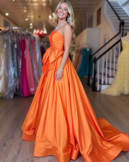 Satin Bow A Line One Shoulder Prom Dresses