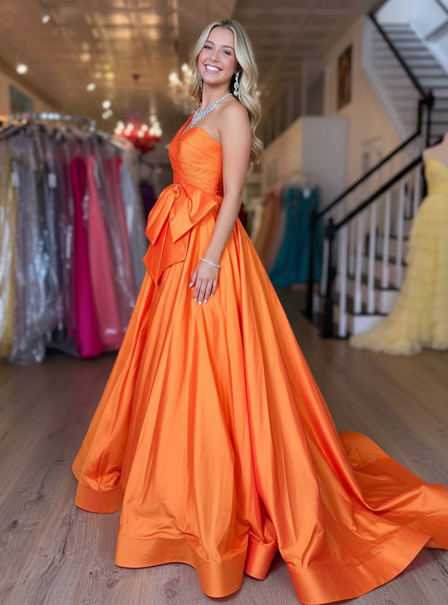 Satin Bow A Line One Shoulder Prom Dresses