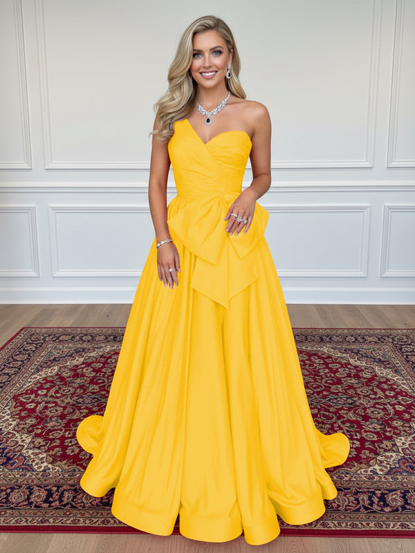 Satin Bow A Line One Shoulder Formal Dresses