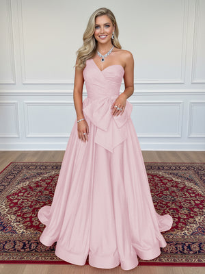 Satin Bow A Line One Shoulder Formal Dresses