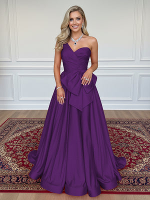 Satin Bow A Line One Shoulder Formal Dresses