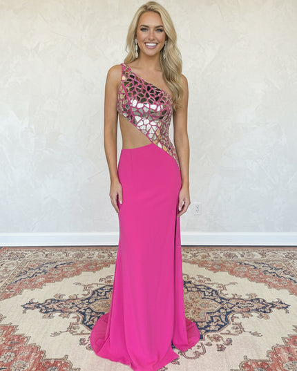 Satin One Shoulder Mermaid Cut Out Prom Dresses with Crystals