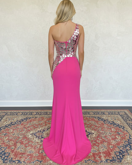 Satin One Shoulder Mermaid Cut Out Prom Dresses with Crystals