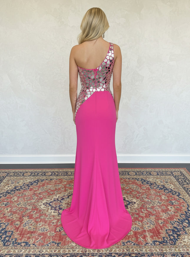 Satin One Shoulder Mermaid Cut Out Prom Dresses with Crystals