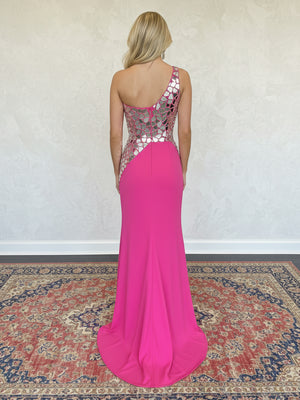 Satin One Shoulder Mermaid Cut Out Prom Dresses with Crystals