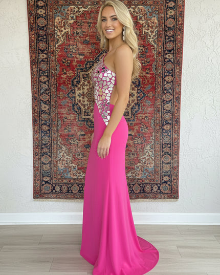 Satin One Shoulder Mermaid Cut Out Prom Dresses with Crystals