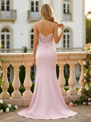 Lace Appliques Spaghetti Straps Mermaid Prom Dresses with Slit