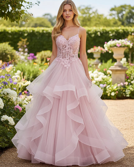 Lace Spaghetti Straps A Line V Neck Prom Dresses with Ruffles