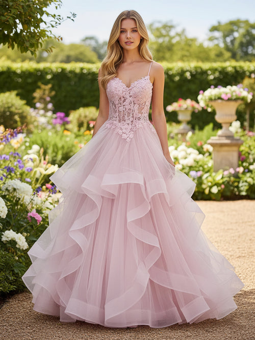 Lace Spaghetti Straps A Line V Neck Prom Dresses with Ruffles