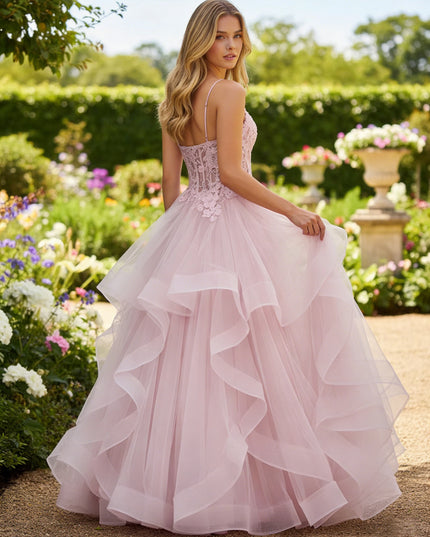 Lace Spaghetti Straps A Line V Neck Prom Dresses with Ruffles