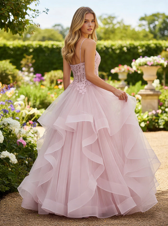 Lace Spaghetti Straps A Line V Neck Prom Dresses with Ruffles