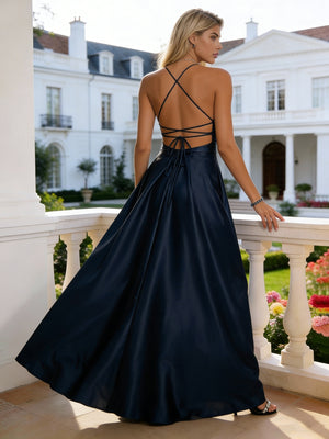 Satin V Neck Spaghetti Straps Pleats Split Prom Dresses Party Gowns