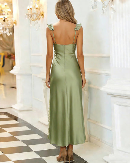 Satin V Neck Ruffles Straps Prom Dresses with Slit Party Gowns