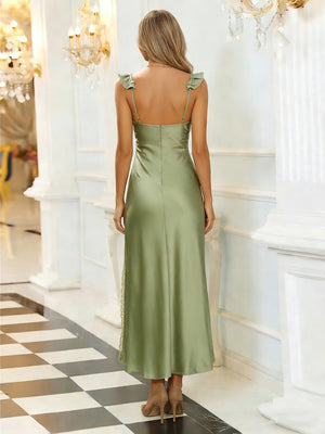 Satin V Neck Ruffles Straps Prom Dresses with Slit Party Gowns