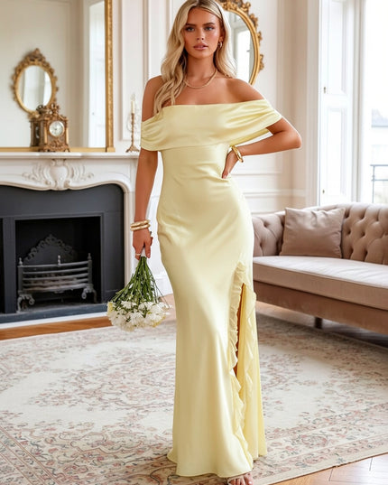 Satin Off the Shoulder Ruffles Sheath Prom Dresses with Bow Party Gowns