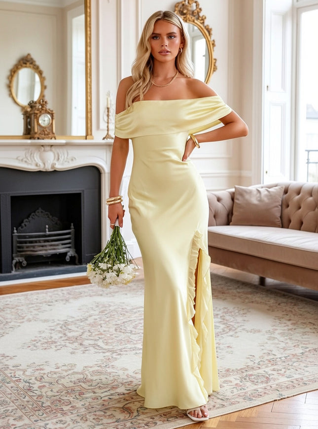 Satin Off the Shoulder Ruffles Sheath Prom Dresses with Bow Party Gowns